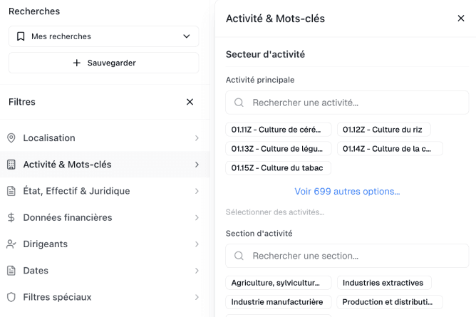 Interface de recherche Forge avec filtres avancés par secteur, chiffre d'affaires et localisation pour le sourcing M&A
